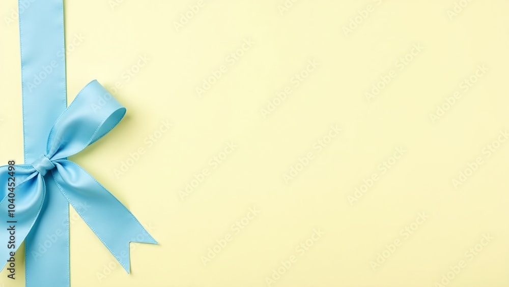 Soft baby blue ribbon on pale yellow background perfect for gentle occasions Soft baby blue ribbon on pale yellow background perfect for gentle occasions