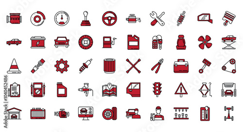 Set of red car mechanics vector icons on white background
