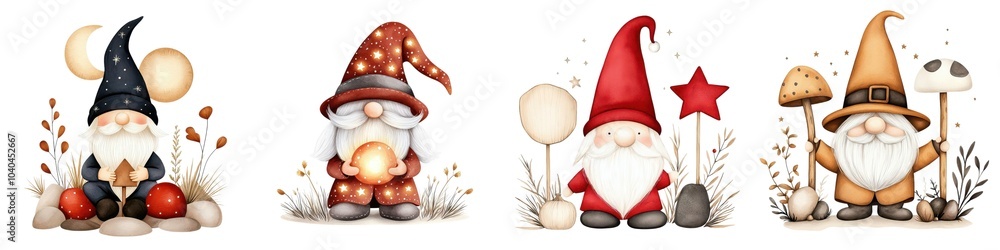 Fototapeta premium Whimsical gnomes with various props, white isolate background.
