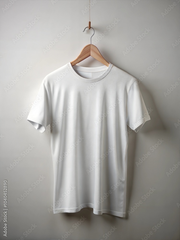 Plain white t-shirt hanging on wooden hanger against neutral background Plain white t-shirt hanging on wooden hanger against neutral background