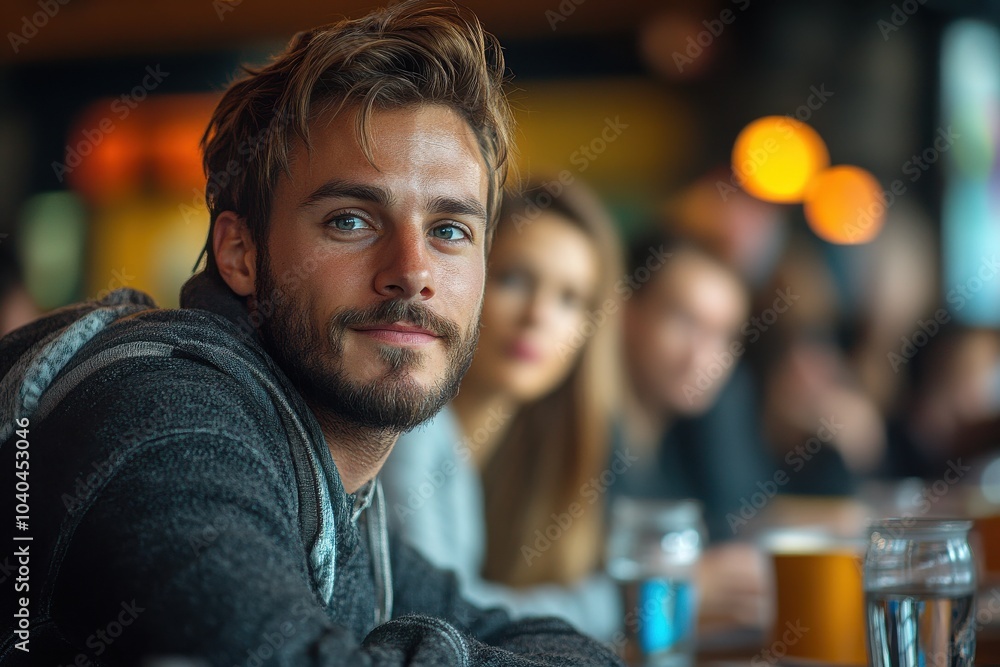 Young Man in Cozy Cafe with Friends and Warm Lighting Ambiance Young Man in Cozy Cafe with Friends and Warm Lighting Ambiance