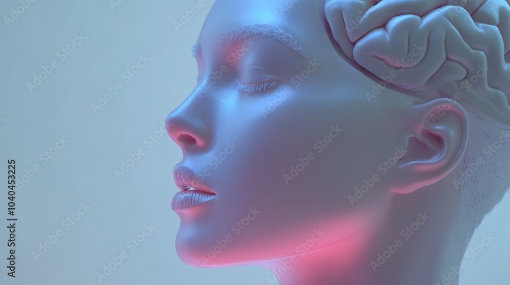 A futuristic mannequin design featuring a sculpted human head with a brain centerpiece, illuminated with soft blue and pink lights. A futuristic mannequin design featuring a sculpted human head with a brain centerpiece, illuminated with soft blue and pink lights.