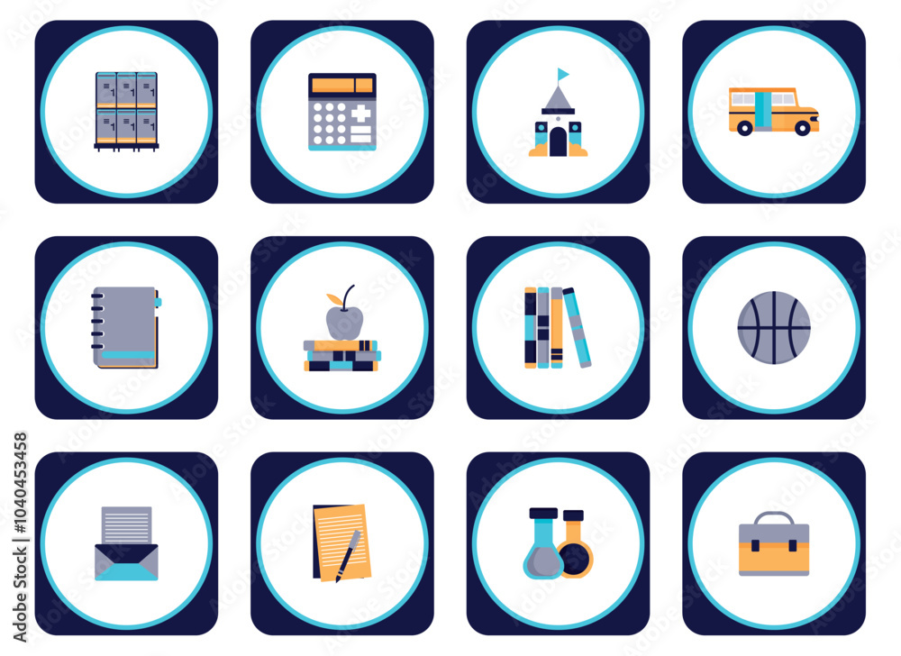 Set of school vector icons inside a dark blue rectangle with a white background Set of school vector icons inside a dark blue rectangle with a white background