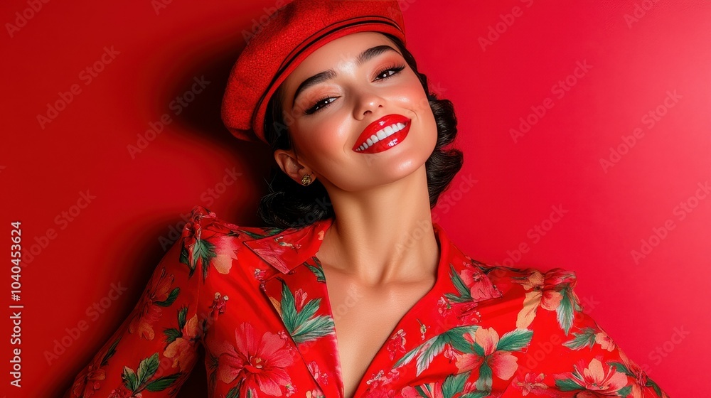 A woman in a red dress with a red hat and red lipstick is smiling. She is wearing a floral print dress and a red hat A woman in a red dress with a red hat and red lipstick is smiling. She is wearing a floral print dress and a red hat