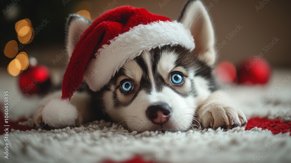 Adorable husky puppy with blue eyes wearing a Santa hat during the festive holiday season Adorable husky puppy with blue eyes wearing a Santa hat during the festive holiday season