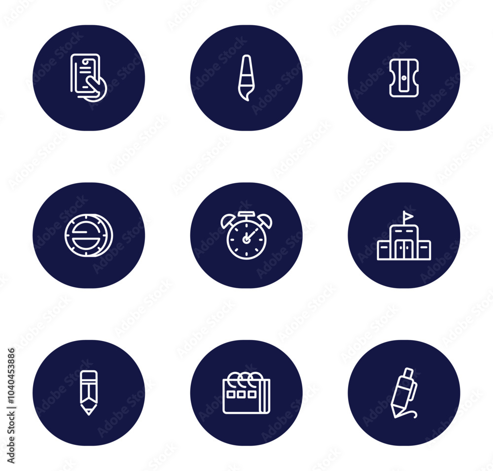 Set of school vector icons in white lines on a blue background Set of school vector icons in white lines on a blue background