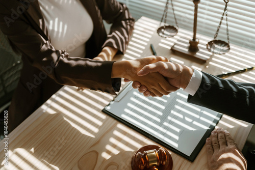 Lawyers shaking hands after signing a contract in a law office, with a gavel and legal scales in the background