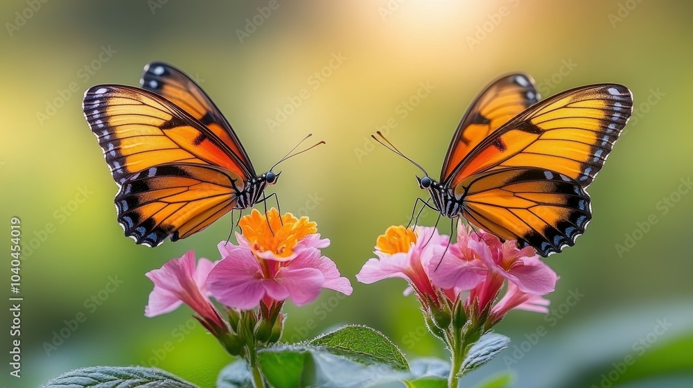 Two orange butterflies are sitting on a pink flower. The butterflies are facing each other, and the flower is surrounded by green leaves. Concept of harmony and beauty, as the butterflies Two orange butterflies are sitting on a pink flower. The butterflies are facing each other, and the flower is surrounded by green leaves. Concept of harmony and beauty, as the butterflies