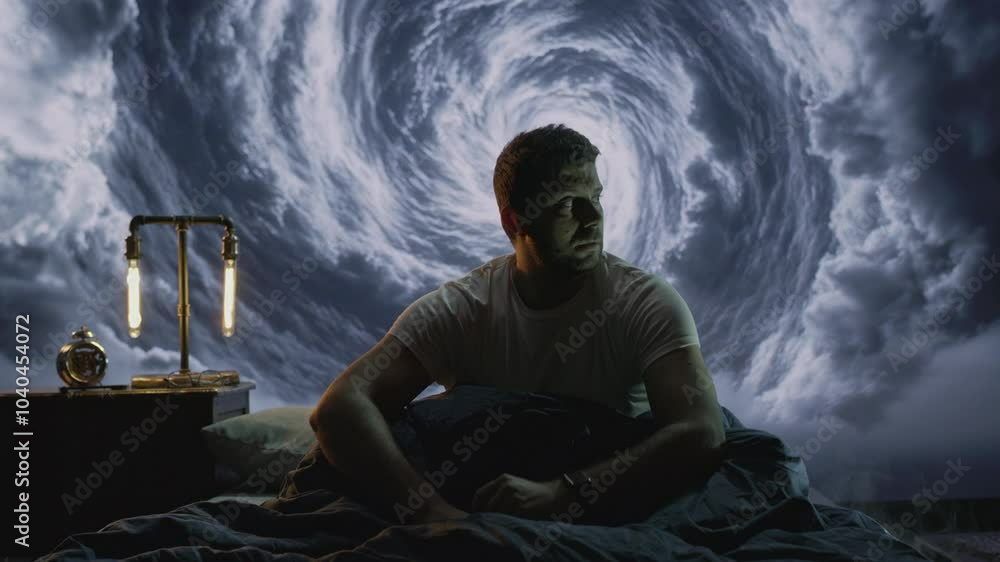 Man Sitting On Bed In Foggy Room Clock Theme Surreal Time Concept Man Sitting On Bed In Foggy Room Clock Theme Surreal Time Concept