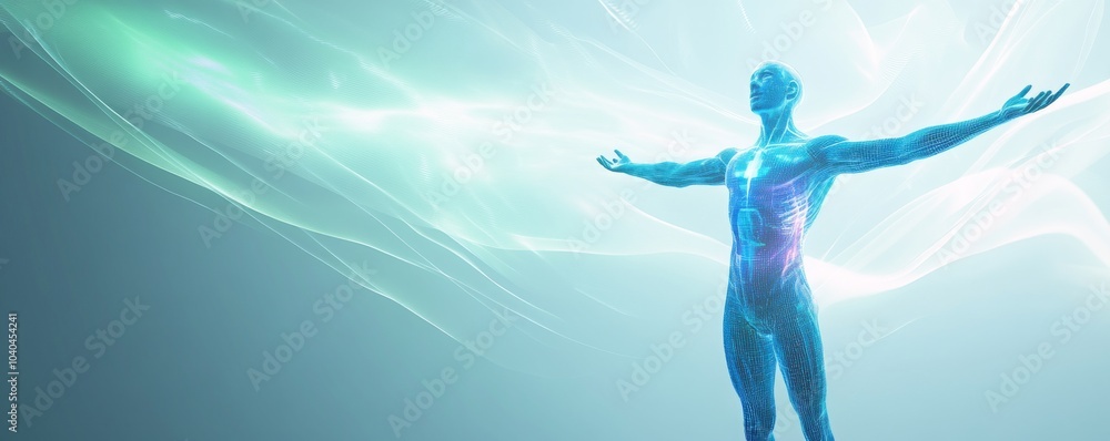 A glowing figure embodies the essence of vitality and energy, surrounded by ethereal light waves, symbolizing life and connection. A glowing figure embodies the essence of vitality and energy, surrounded by ethereal light waves, symbolizing life and connection.