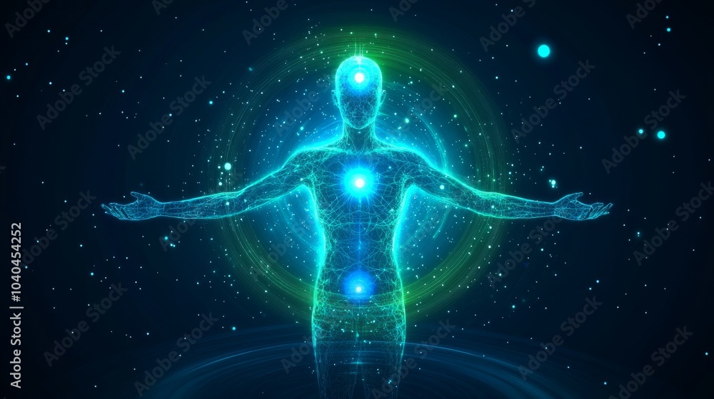 Fototapeta premium A glowing figure surrounded by cosmic energy, embodying harmony and balance in the universe.
