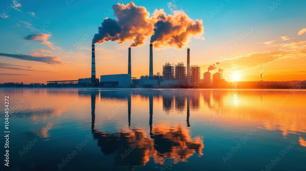 Fototapeta premium A sunset over a body of water with a large industrial plant in the background. The smoke from the plant is visible in the sky