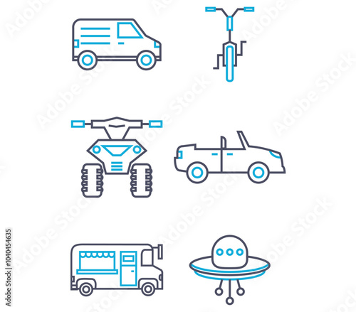 Vector image of transport icon set in black and blue lines with white background