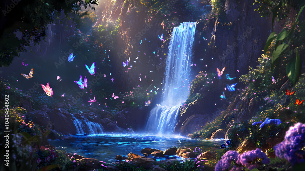 Unicorns fantasy landscape butterflies waterfall forest. Unicorn in the Woods. Illustration Unicorns fantasy landscape butterflies waterfall forest. Unicorn in the Woods. Illustration