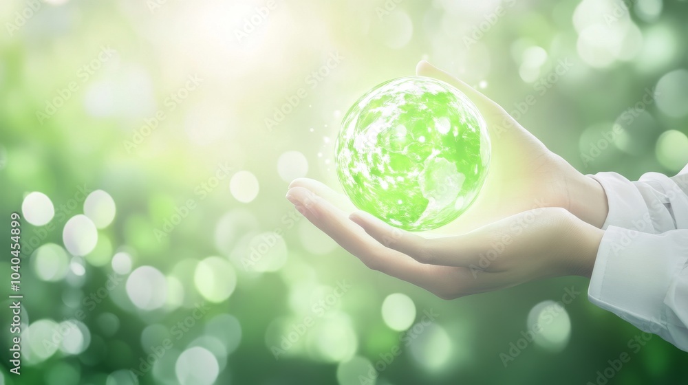A hand holds a glowing green globe symbolizing environmental awareness and sustainability in a lush natural setting. A hand holds a glowing green globe symbolizing environmental awareness and sustainability in a lush natural setting.
