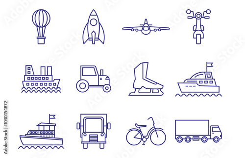 Vector image of transport icon set on blue lines white background