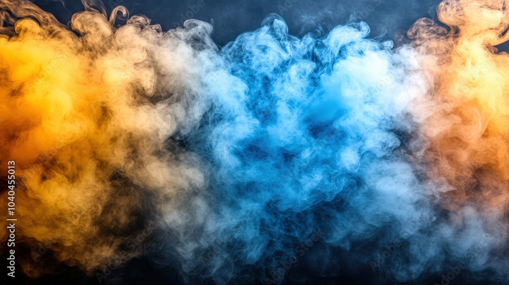 Fototapeta premium A colorful cloud of smoke with orange and blue swirls. The smoke is thick and billowing, creating a sense of movement and energy. The colors of the smoke contrast with the dark background