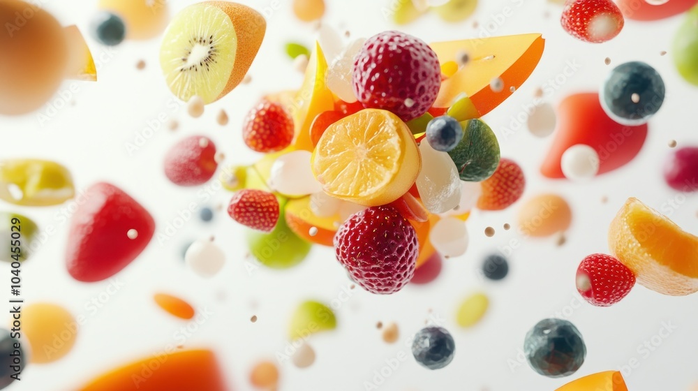 A vibrant mix of fresh fruits floating in mid-air A vibrant mix of fresh fruits floating in mid-air