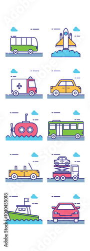 Vector image of transport icon set with clouds and white background