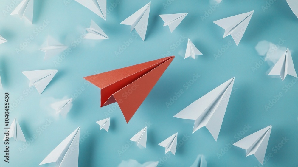 Creative Red Paper Plane Concept in a Sky Background Creative Red Paper Plane Concept in a Sky Background