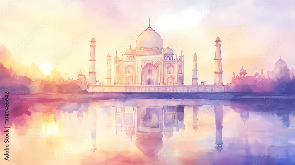 Fototapeta premium Watercolor impressionist taj mahal at sunrise with tranquil reflections. Taj Mahal at Sunrise. Illustration