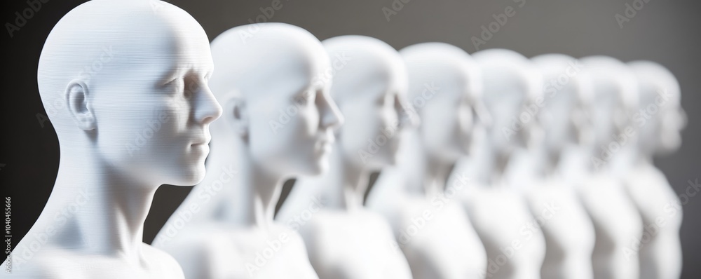 A line of white mannequins arranged elegantly, showcasing blank faces and perfect features ideal for fashion displays. A line of white mannequins arranged elegantly, showcasing blank faces and perfect features ideal for fashion displays.