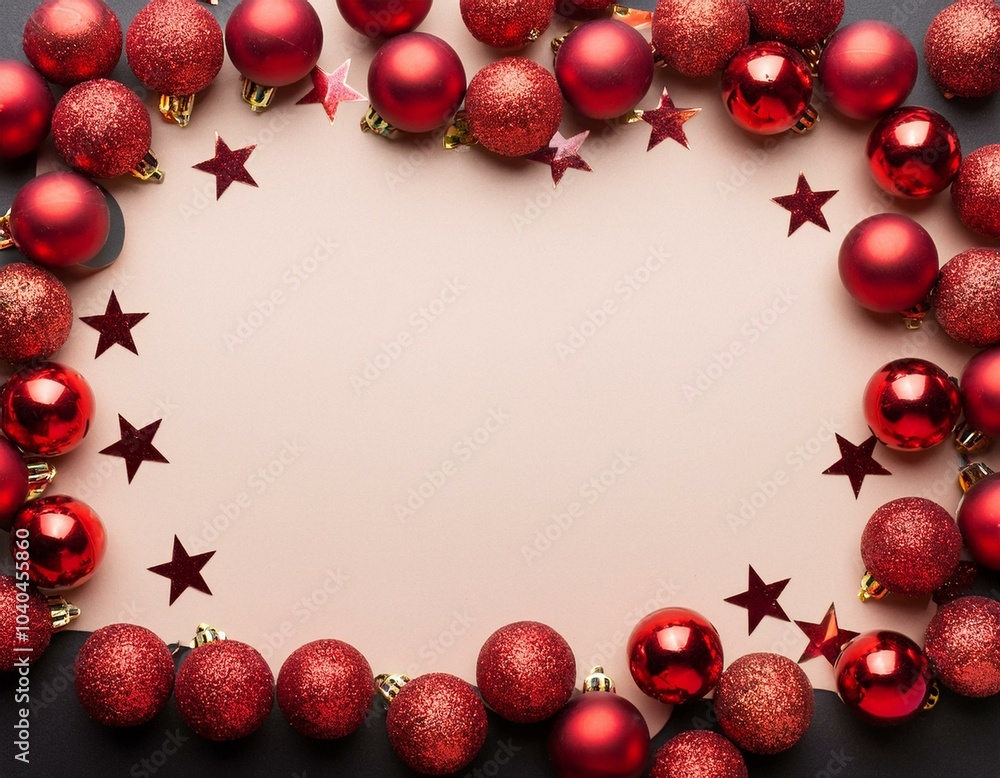 un marco navideño con bolas rojas y estrellas; espacio de texto un marco navideño con bolas rojas y estrellas; espacio de texto