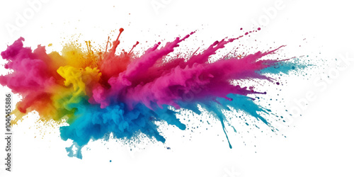 Vector colorful vibrant rainbow, smoke and cloud paint color powder explosion with bright colors isolated on transparent background. Multicolored explosion of rainbow powder paint festival background