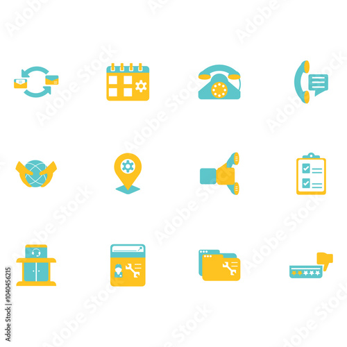 Set of yellow and blue telecommunications vector icons with a white background