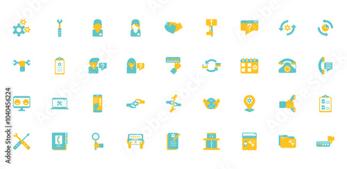 Set of yellow and blue telecommunications vector icons with a white background