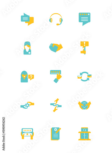 Set of yellow and blue telecommunications vector icons with a white background