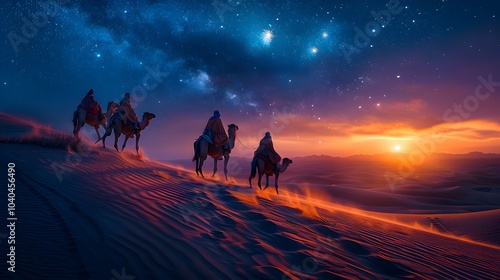 Wallpaper Mural Astrologers riding camels through a vast desert, the sand shimmering under the soft glow of a radiant star, long shadows cast across the dunes, the night sky glowing with celestial light, Torontodigital.ca