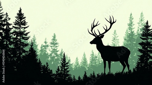 Elegant Deer Silhouette Amidst Lush Green Forest Landscape