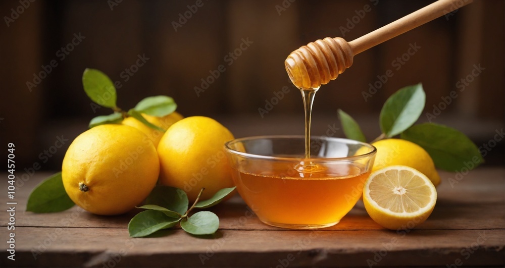 Golden honey dripping from wooden dipper into glass bowl with fresh lemons on rustic wooden table Golden honey dripping from wooden dipper into glass bowl with fresh lemons on rustic wooden table