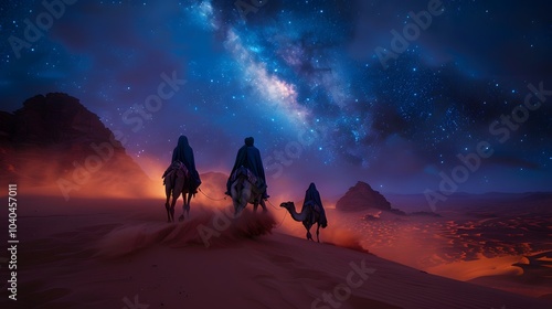 Desert wind blowing through the dunes as three astrologers ride camels toward the brightest star in the night sky, the wind kicking up sand, their robes flowing,