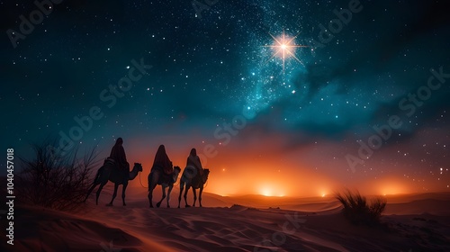 Wallpaper Mural Desert wind blowing through the dunes as three astrologers ride camels toward the brightest star in the night sky, the wind kicking up sand, their robes flowing, Torontodigital.ca