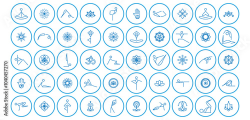 Set of yoga icons inside a circle of blue lines