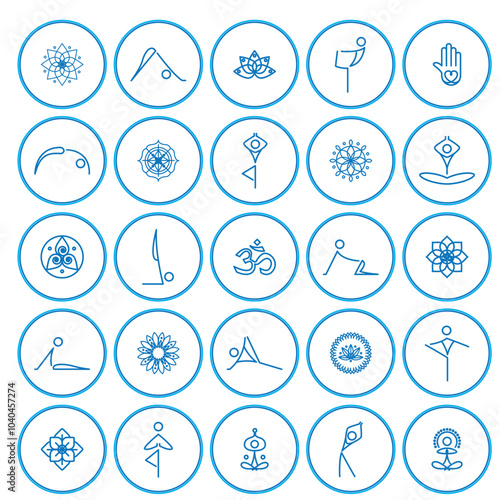 Set of yoga icons inside a circle of blue lines