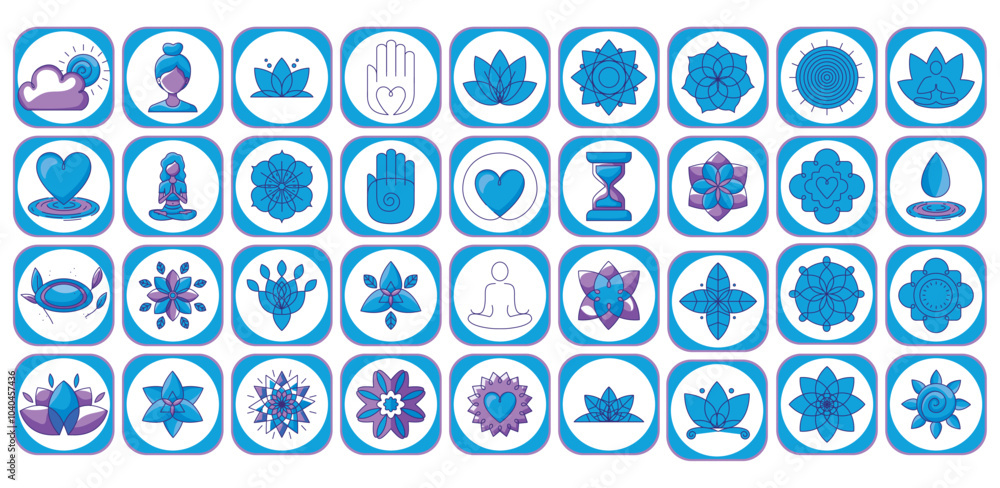 Set of yoga icons on white background with blue border Set of yoga icons on white background with blue border
