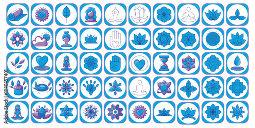 Set of yoga icons on white background with blue border