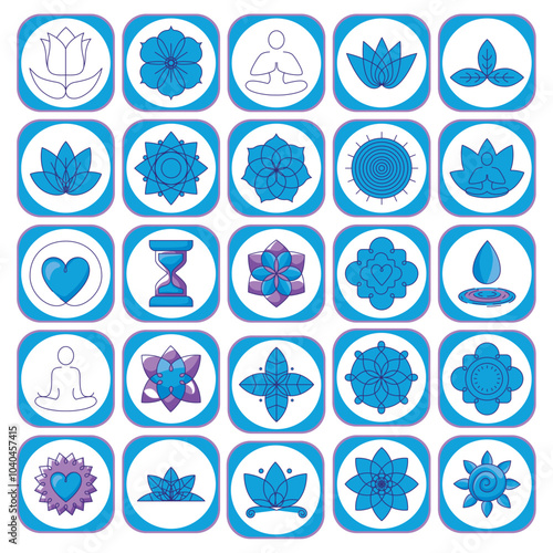 Set of yoga icons on white background with blue border