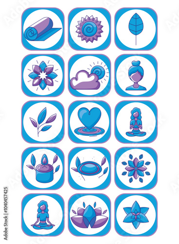 Set of yoga icons on white background with blue border