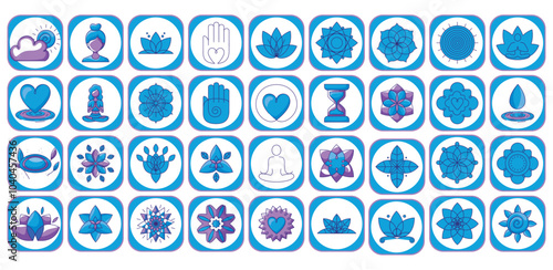 Set of yoga icons on white background with blue border