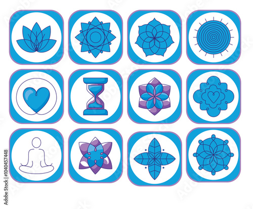 Set of yoga icons on white background with blue border