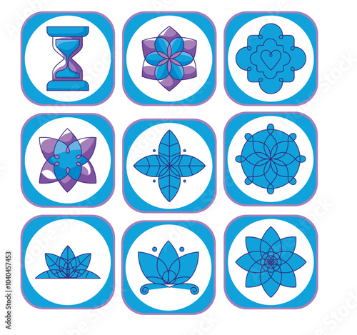 Set of yoga icons on white background with blue border
