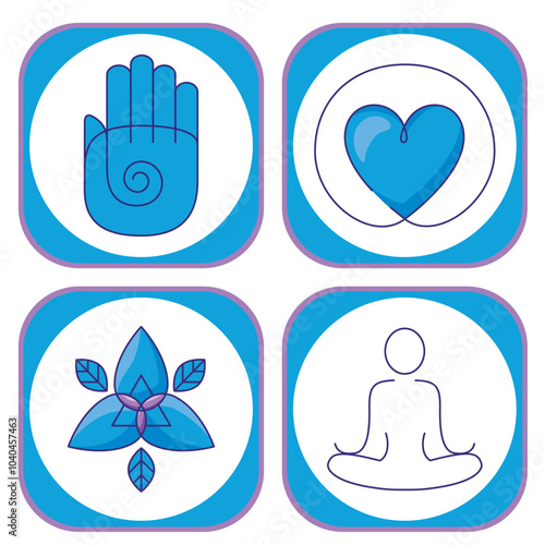 Set of yoga icons on white background with blue border