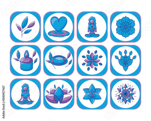 Set of yoga icons on white background with blue border