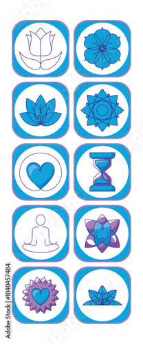 Set of yoga icons on white background with blue border