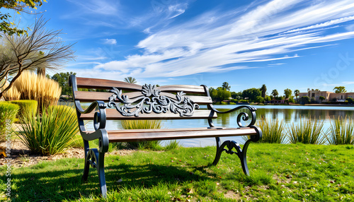 Decorative countered park bench set at the edge of Kiwanis Lake, Tempe, Arizona isolated with white highlights, png photo