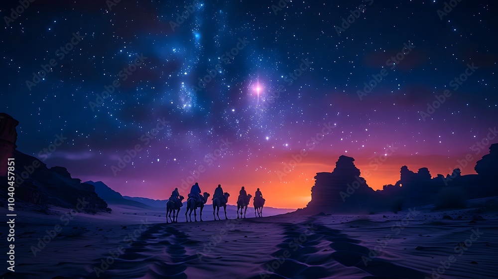 Naklejka premium Silhouettes of astrologers on camels, journeying under a glowing eastern star, the star illuminating the desert sands, the sky filled with stars,